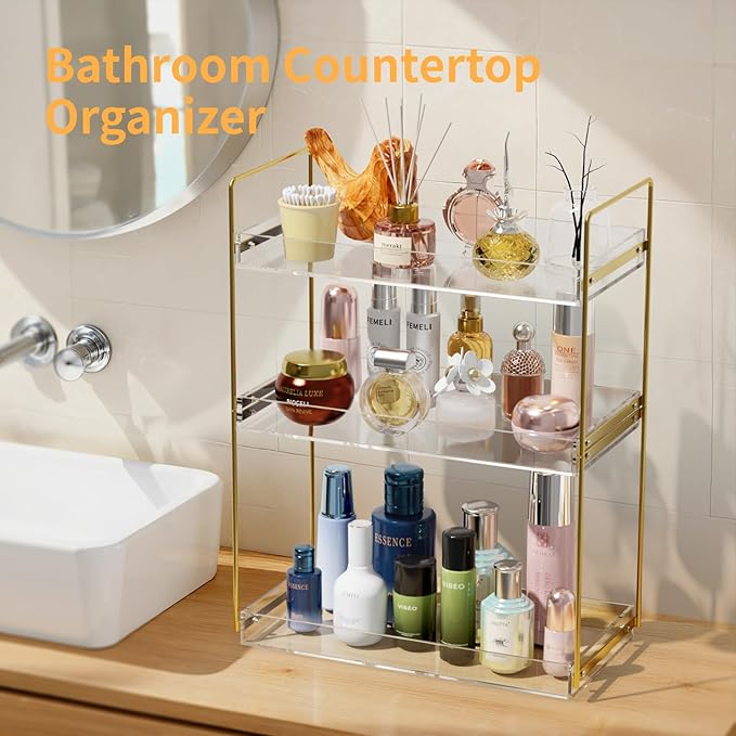 Bathroom Countertop Organizer, 3 Tier Acrylic Tray Vanity Counter Skincare Organizer Shelf, Kitchen Under Sink Standing Rack, Home Storage Holder for Lotion Makeup Cosmetics Perfume Spice, Gold