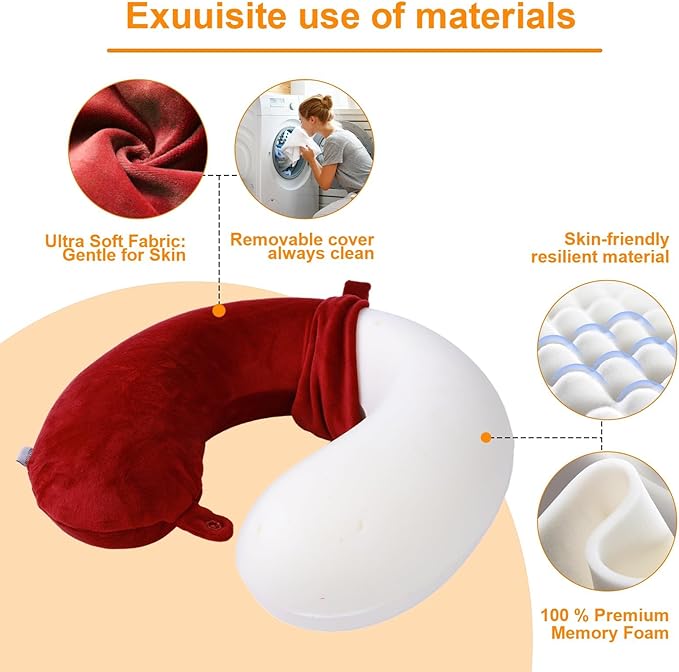 Travel Pillow,100% Pure Memory Foam U Shaped Neck Pillow,Super Lightweight Portable Headrest Great for Airplane, Car,Home,Office,Sleeping Rest (Wine red)