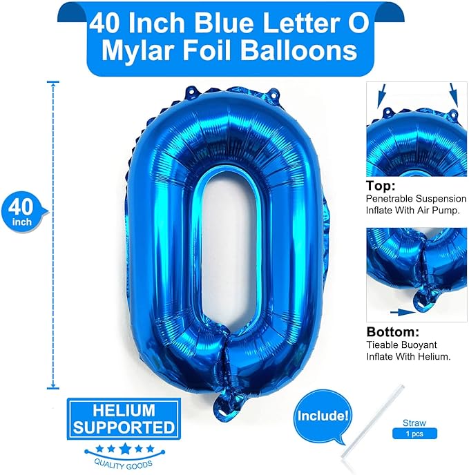 Lovoir 40 Inch Large Blue Letter O Balloons Big Size Jumbo Mylar Foil Helium Balloon for Birthday Party Celebration Decorations Alphabet Blue O