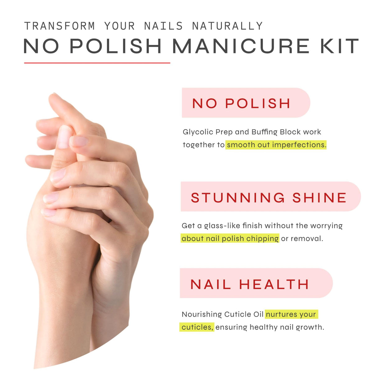 Dr. Dana No Polish Manicure Set - Shine and Strengthen Your Nails with Natural Glycolic Serum, Cuticle Oil, Nail Buffer Block, and Glass Nail File, Nail Care Kit for Healthy Nails