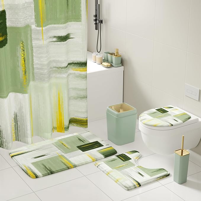 Bathroom Set - Sage Green Bathroom Accessories Set, Bathroom Sets with Shower Curtain and Rugs, Sage Green Shower Curtain Set with Bathroom Trash Can, Soap Dispenser, Soap Dish for Home Decor