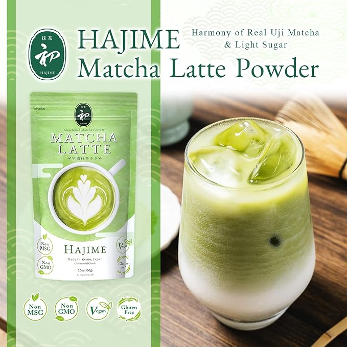 BJDesign Matcha Latte Powder “HAJIME” Sweetened Matcha Green Tea Powder - Authentic Japanese Origin - Non MSG, Non GMO, Vegan, Gluten Free (5.3 Ounce)