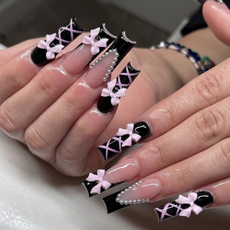 Press on Nails Long Square Summer Fake Nails Pink Full Cover False Nails with Cute 5D Heart Bear Charm Designs Glossy Glue on Acrylic Nails for Women Girls 24 Pcs