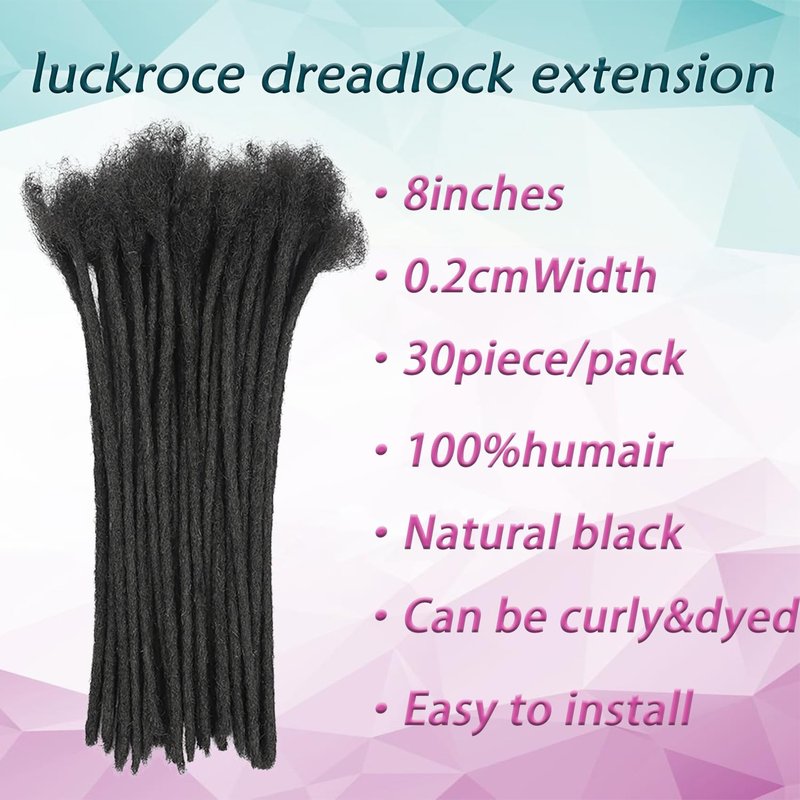 Luckroce Human Hair Loc Extensions Human Hair 8 Inches 30 Strands 0.2cm Width Handmade Permanent Dreadlock Extensions Human Hair For Women, Men Can Be Dyed,Curled And Bleached (8 Inch,Natural Black)