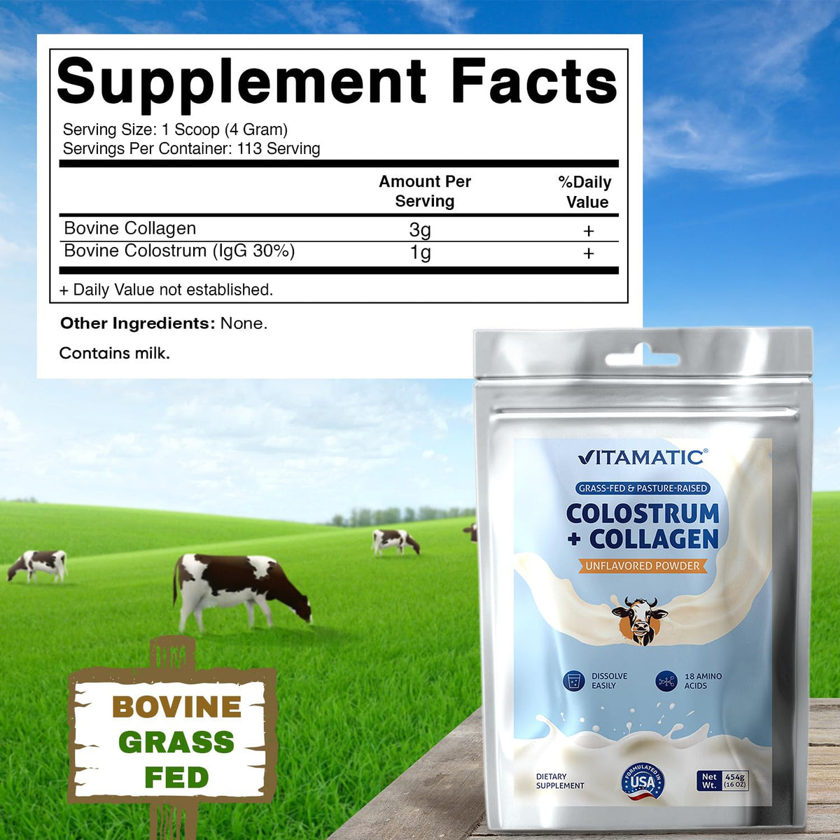 Vitamatic Bovine Colostrum + Collagen Powder - Supplement for Gut Health, Hair Growth, Beauty, Muscle Recovery, & Immune Support - Easy to Mix - Unflavored - 454 Gram, (16 oz)