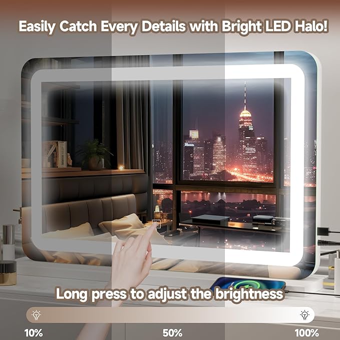 Large Vanity Mirror with Lights 32"x22", Lighted Makeup Mirror, Wall-mounted Hollywood Mirror, Touch Sensor, 3-Color Lighting, 5X Magnification, USB Port for Vanity Desk Tabletop, Bedroom, Salon