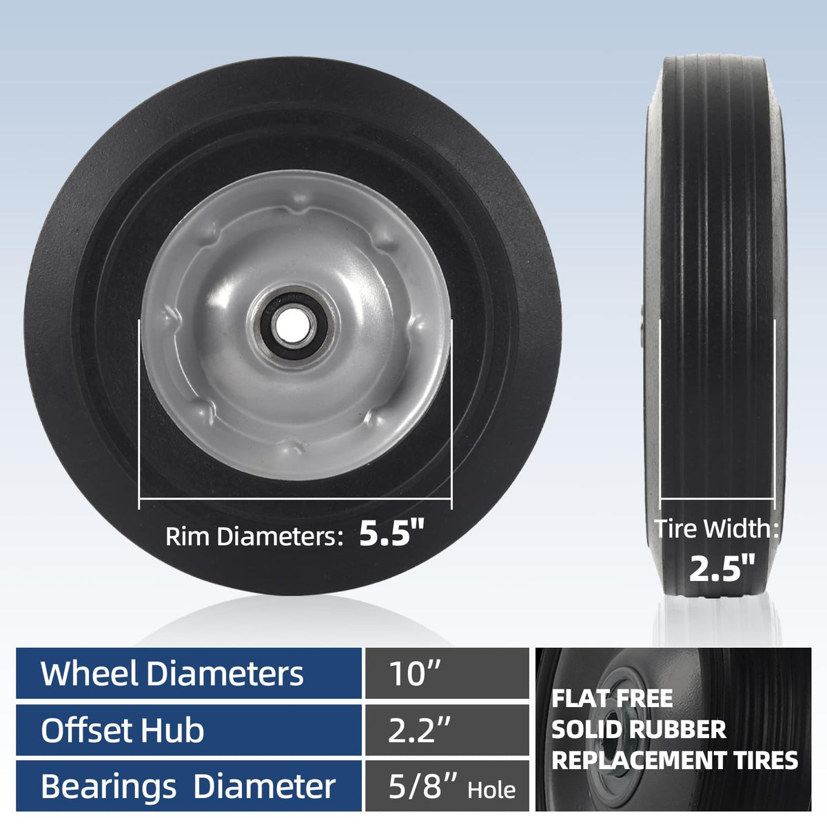 AR-PRO (2-Pack) 10" x 2.5" Flat Free Solid Rubber Replacement Tires - Flat-Free Tire and Wheel for Hand Trucks and Wheelbarrows with 5/8" Axles