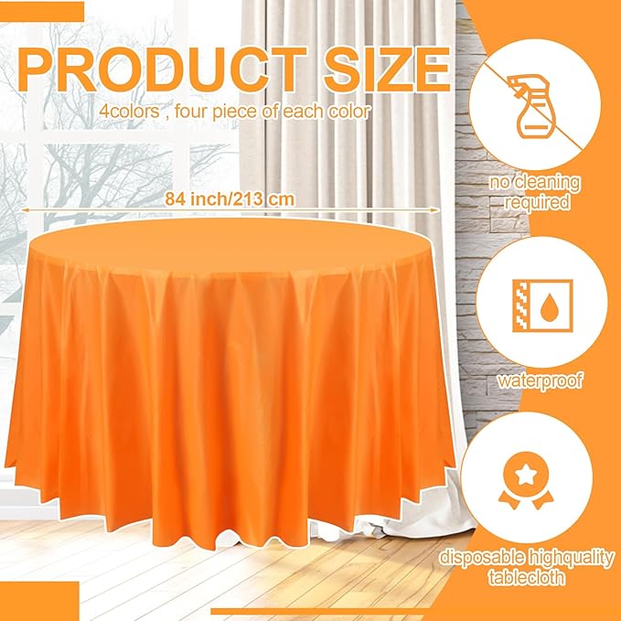 Preboun 84 Inch Large Neon Tablecloth Disposable Plastic Round Party Table Cover Decor Assorted Color Tablecloth Circle Table Cover for Wedding Birthday Picnic Tea Party Decor(Vivid Color,8 Pack)
