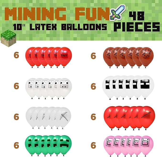 Blue Orchards Mining Fun Balloons (48 Pieces) - 10" Printed Latex Balloons, Mining Themed Party Supplies, Mining Party Decorations, Mining Party Balloons, Pixel Miner Party and Video Game Party