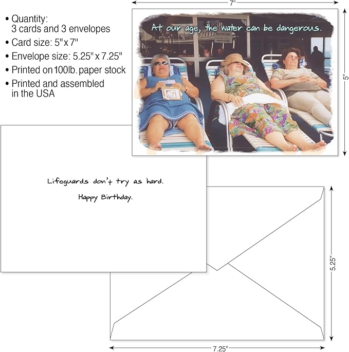 SHADE TREE GREETINGS Funny Women's Birthday Greeting Card (5" x 7") by Actual Pictures | 3 Pack + 3 Envelopes (Lifeguards)