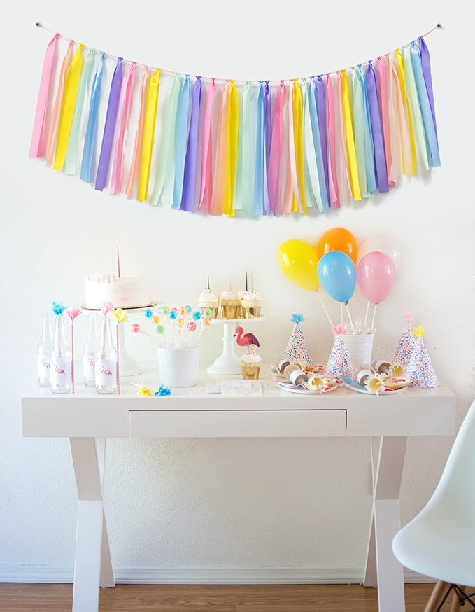 Pastel Rainbow Ribbon Tassel Garland Colorful Fabric Banner Hanging Patry Decoration Backdrop for Baby Shower, Highchair, Birthday Macron Banner Backdrop Decor 40 Inches(L) X 14 Inches(W)