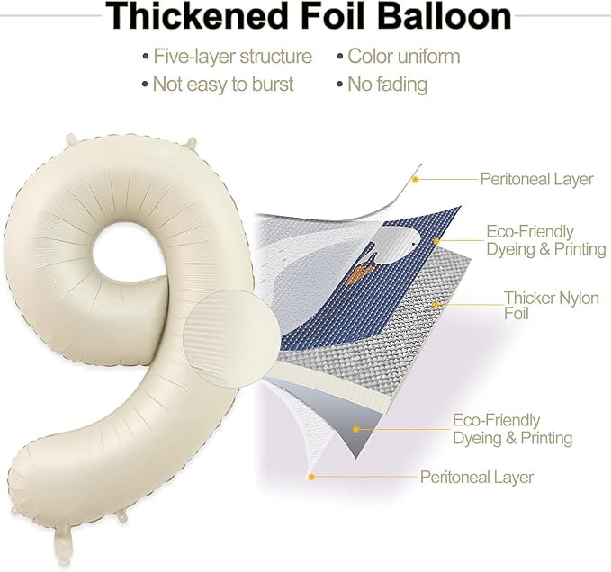 9 Balloon, Number 9 Balloon, Number Balloons 40 Inch, Sand White Large Big Foil Number Balloons for Birthday Party Graduation Wedding Anniversary Baby Shower Bachelorette Decoration Supplies