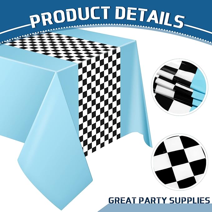 Irenare Car Birthday Party Supplies Racing Decorations 50s Party Tablecloth Racetrack Table Runner Table Covers for Kids Boy Car Theme Birthday Decor, 54 x 108 Inch(Sky Blue,2 Sheets)