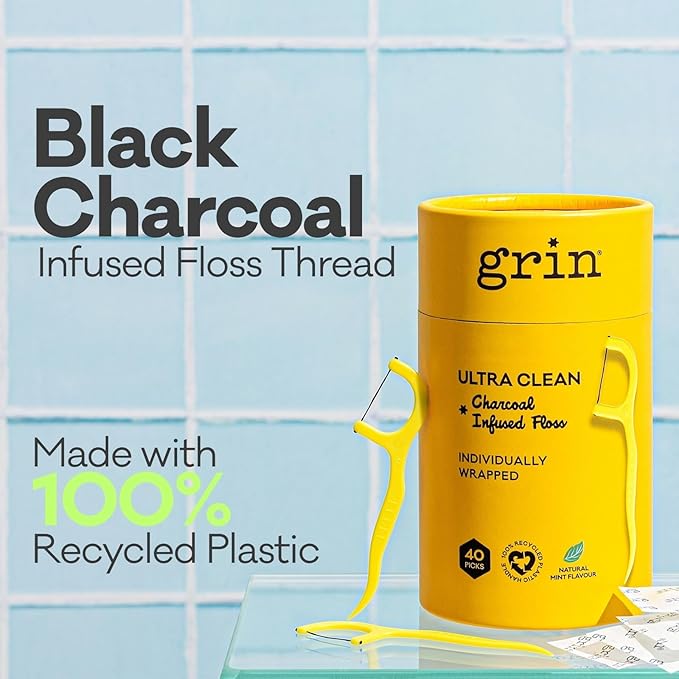 Grin Tooth Picks Flossers for Adults – Charcoal Infused Dental Floss Picks for Teeth Cleaning - Natural Mint Flavor - 100% Recycled Plastic Handle - 80 Count Canister (Pack of 3)