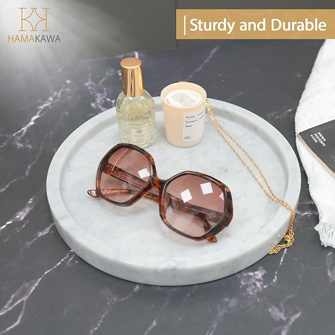 Natural Marble Bathroom Vanity Tray, Large Round Sink Tray 9.5 inch, Carrara White Limestone Dresser Tray, Modern Countertop Organizer for Soap Dispenser, Kitchen Counter, Home Decor