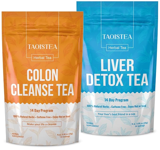 TAOISTEA Colon & Liver Detox Tea Set - 2 Herbal Blends, 14 Day Supply Each | Dual-Action Cleanse for Gut Health, Liver Detox & Daily Wellness