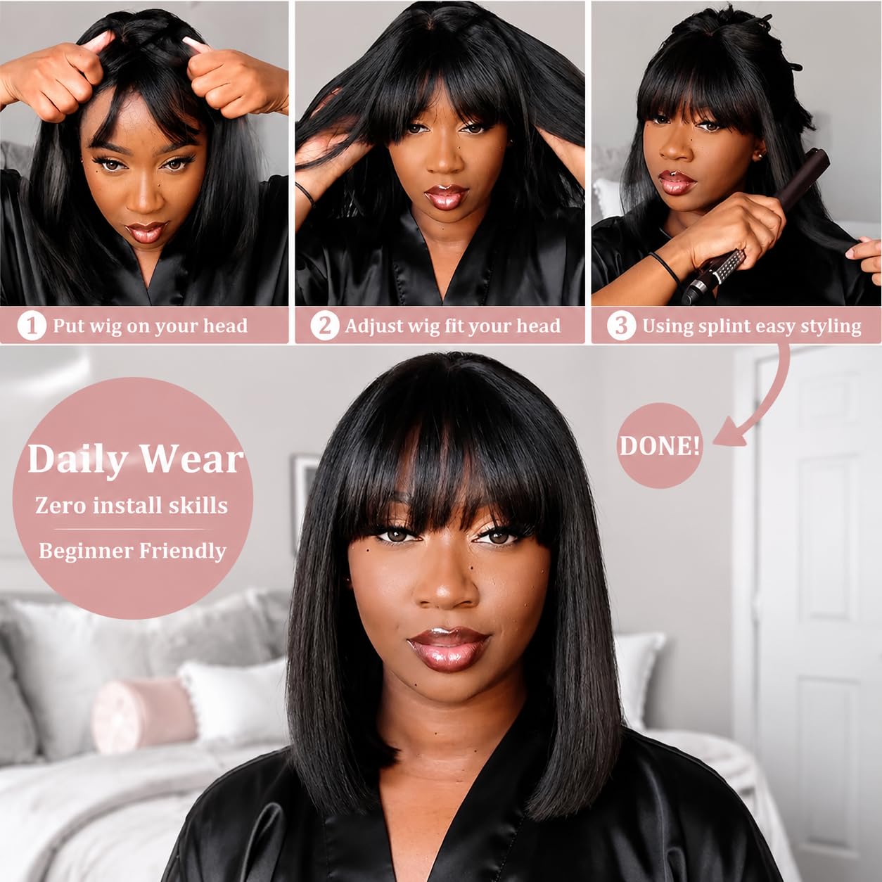 Adyutrlia Straight Bob Wig Human Hair With Bangs Glueless 2x4 HD Lace Colsure Wigs, Ready to Go Human Hair Wig Short Wigs Human Hair For Women Beginner Friendly (Natural Black, 10 Inch)