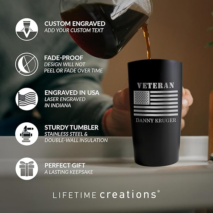 Lifetime Creations Engraved Personalized Veteran Tumbler 20 oz (Black) with American Flag - Custom Veteran Gift for Veterans Day Event, Insulated Stainless Steel Coffee Travel Mug