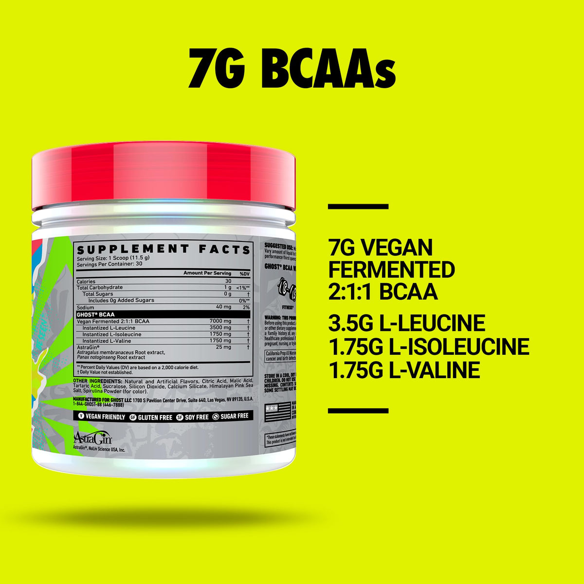 GHOST BCAA Powder Amino Acids Supplement, Blue Raspberry - 30 Servings - Sugar-Free Intra, Post & Pre Workout Amino Powder & Recovery Drink, 7G BCAA