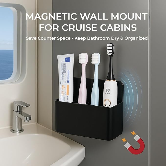 Cruise Essentials 2026 – Magnetic Toothbrush Holder for Cruise Ship Cabin, Wall-Mounted Cruise Bathroom Organizer, Travel Toothbrush Holder for Caribbean Cruise & Alaskan Cruise Must Haves （Black）