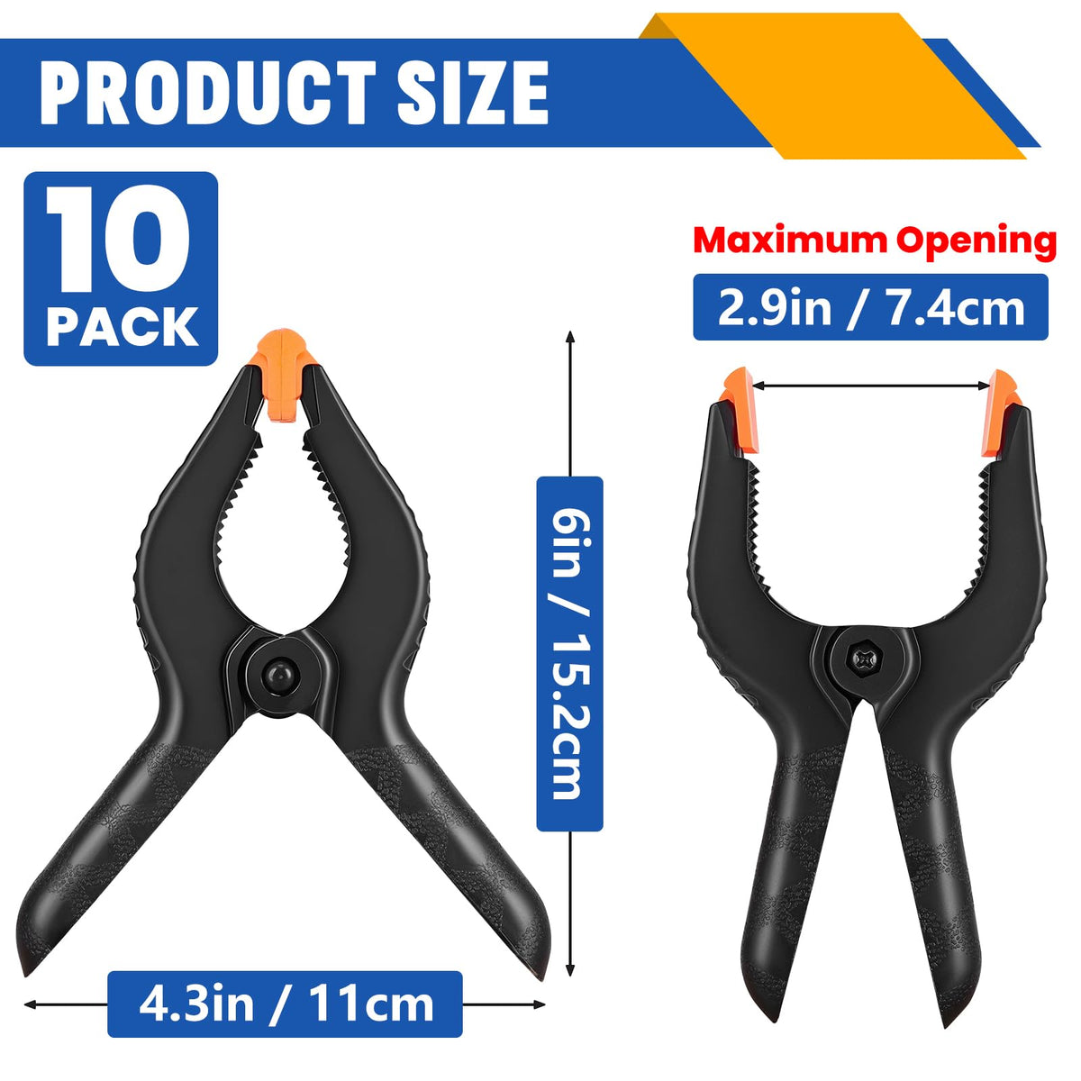 10 Pack 6 inch Plastic Spring Clamps, Black Heavy Duty Clips, Backdrop Clips, Plastic Clamps for Crafts, Backdrop Stand, Woodworking, Photography