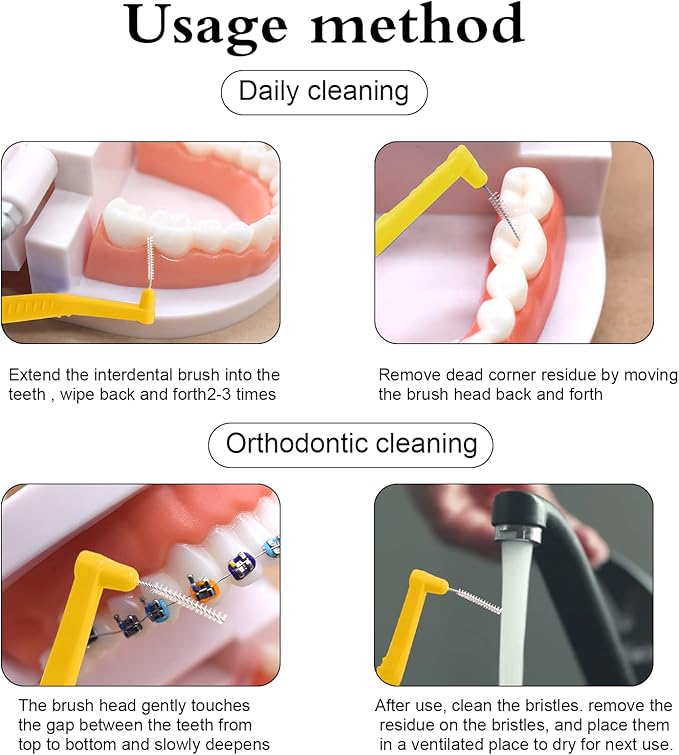 Angzhili 25 Pcs Interdental Angle Brushes,Reusable Dental Cleaners,Oral Dental Hygiene Brush,Dental Toothpick Floss for Braces,Tooth Cleaning Tool (Yellow)