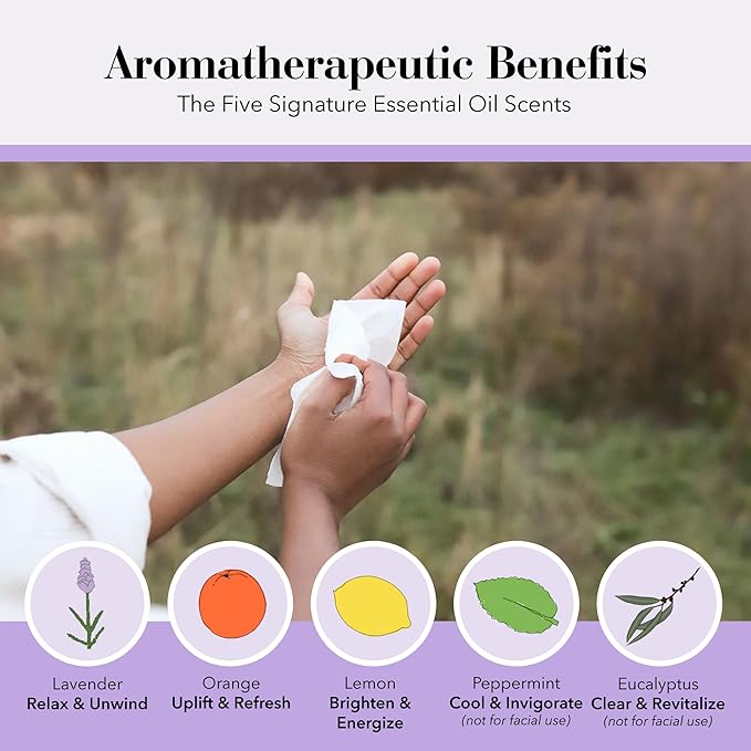 Herban Essentials - Assorted Wipes & Towelettes - Essential Oil Wipes for Hands, Face and Body - Travel Size Essentials and Toiletries - Natural, Individually Wrapped, Disposable and Moist (20 count)
