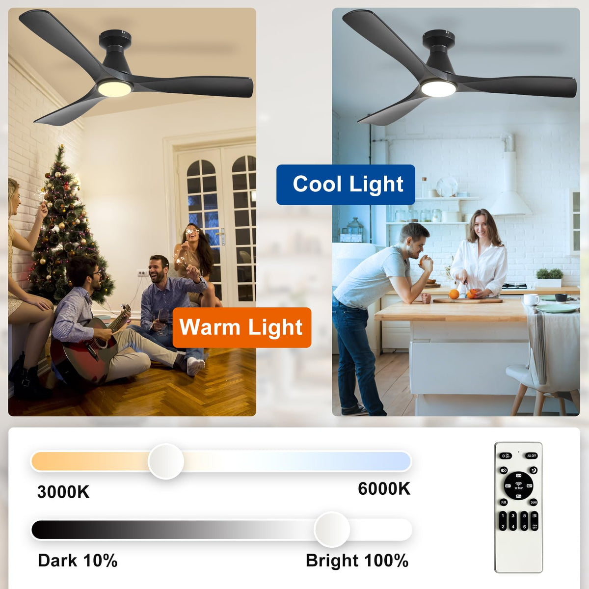 Depuley 52-Inch Ceiling Fans with Lights: Black 3 Blade Flush Mount Low Profile Ceiling Fan for Bedroom - Dimmable Indoor Outdoor Fan with Remote Control Ultra Quiet DC Motor Timer