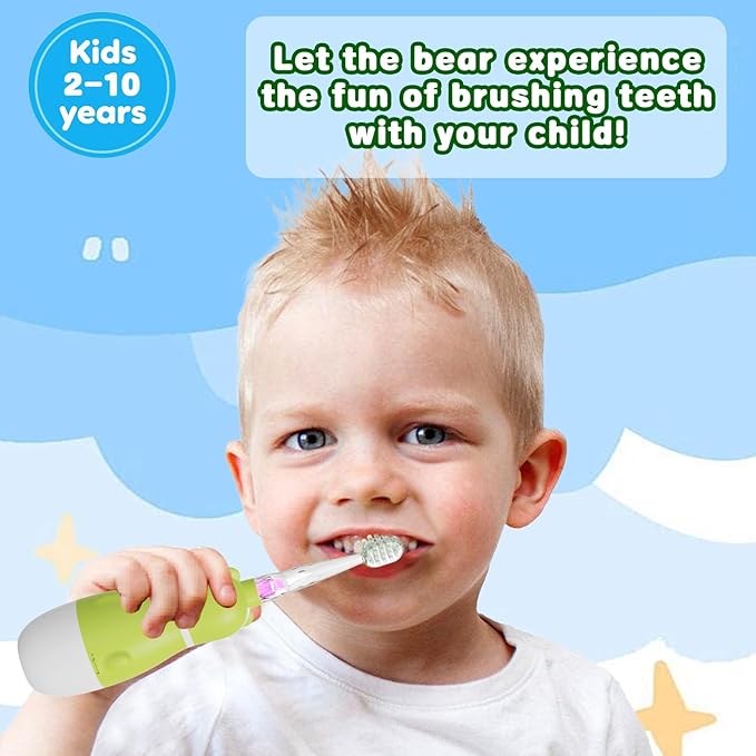 Kids Electric Toothbrush Sonic Battery-Powered for Toddler Ages 2-10, 2-Min Smart Timer LED Light with 3 Color Cleaning Modes, Green FunBear Boys Girls 2 Replacement Heads