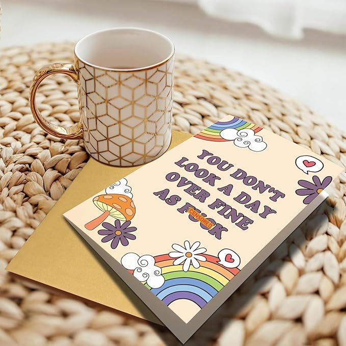 Chenive Funny Birthday Card for Her, Happy Birthday Card for Wife Girlfriend, Rainbows Bday Greeting Card for Friend Bestie, You Don't Look A Day Over Fine