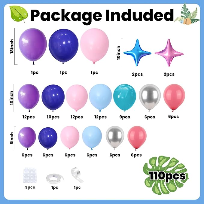 FunHot Blue Pink Purple Balloon Arch Garland Kit with Purple Metallic Silver Royal Blue Retro Pink 4-Point Star Foil Balloons for Baby Shower Wedding Tropical Theme Kids Birthday Party Decorations