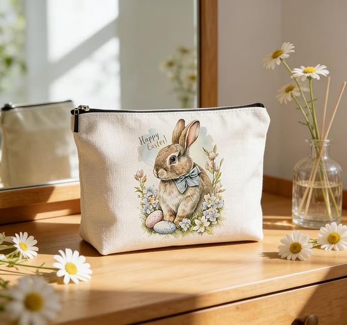 GRITOSE Happy Easter Small Makeup Bag Women Girls Cosmetic Bag Party Gift with Funny Bunny desigsn Easter Accessories for Lovers Mother Friend Student Travel Pouch with Zipper