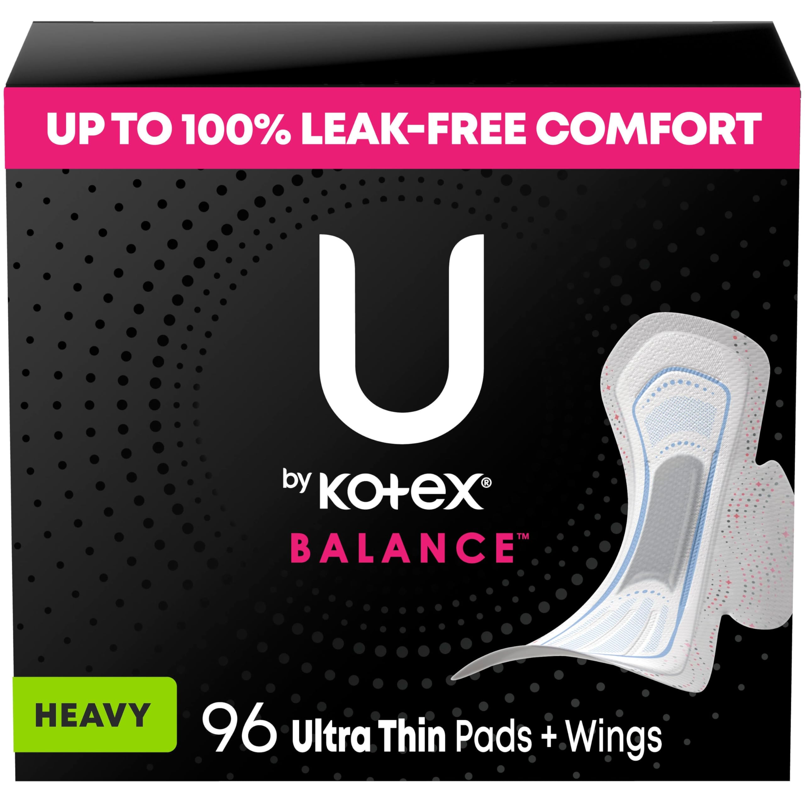 U by Kotex Balance Ultra Thin Pads with Wings, Heavy Absorbency, 96 Count (6 packs of 16) (Packaging May Vary)