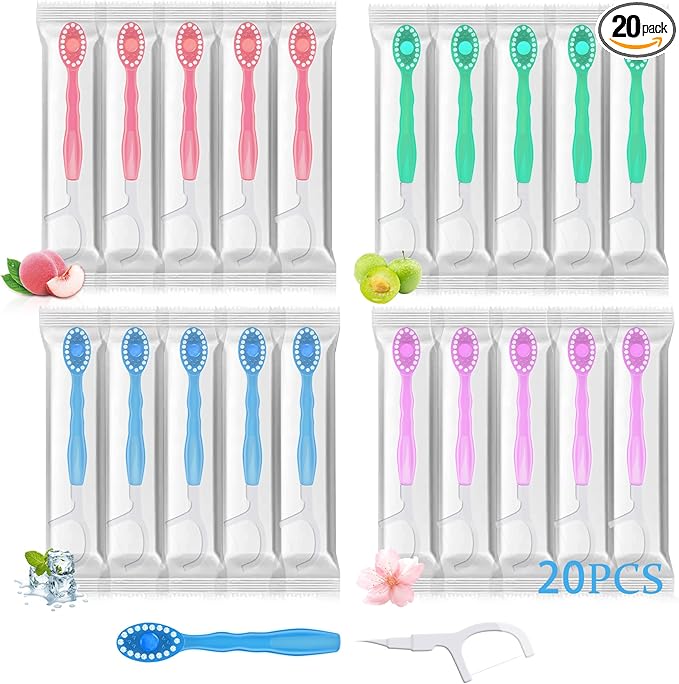 20pcs 5 in 1 Disposable Mini Toothbrush with Toothpaste + Floss + Pick + Tongue Scraper | Travel Size | Individually Wrapped | Soft | Mint | Travel Set | Oral Care (2)
