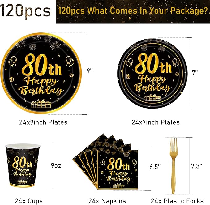 120Pcs 80th Birthday Party Supplies Plates Napkins Cups Forks Tableware Set Gold Black Happy 80th Birthday Themed Disposable Tableware Decoration Serves 24 Guests for Men Women 80 Years Old