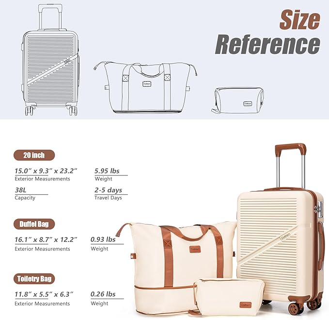 Cosbarn Carry On Luggage Set 22x14x9 Airline Approved, 3 Piece 20 Inch Lightweight ABS Hardside Suitcases with Wheels and TSA Lock, Durable Waterproof Travel Suitcase for Men Women