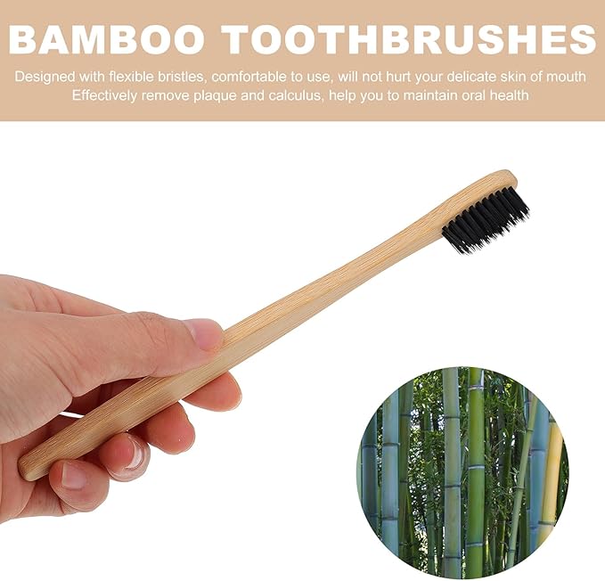 Charcoal Toothbrushes 10pcs Disposable Soft Nylon Bristle Manual Toothbrushes with Natural Handle Eco-Friendly Oral Care for Adults