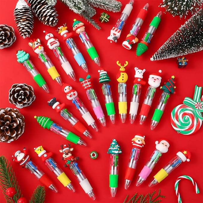 24PCS Christmas Multicolor Ballpoint Pens 4 Colors in 1, Retractable 0.7mm Cartoon Cute Fun Pens Santa Snowman Writing Pens for Holiday Party School Supplies Students Rewards
