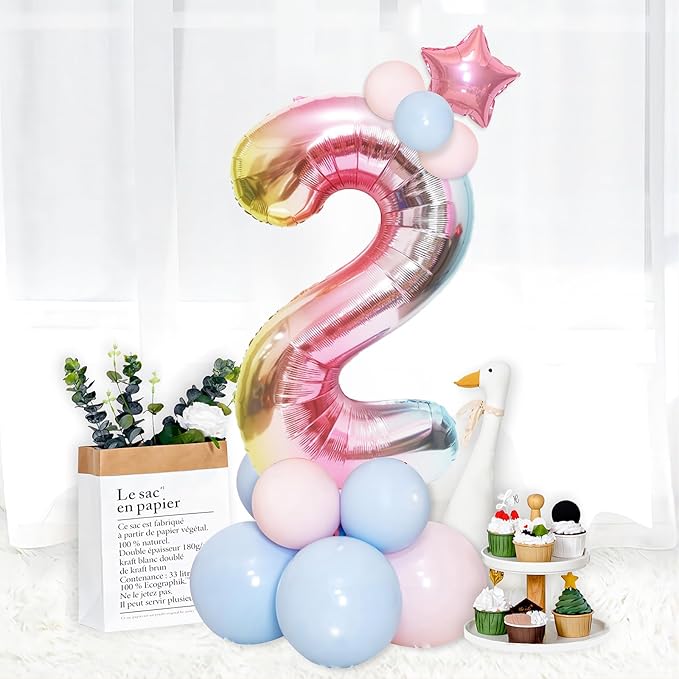 Rainbow Number Balloons Birthday Balloons - Giant Number 2 Balloon 40 inch, Numbers Balloon Birthday Decorations, Rainbow Party Supplies for Baby Shower