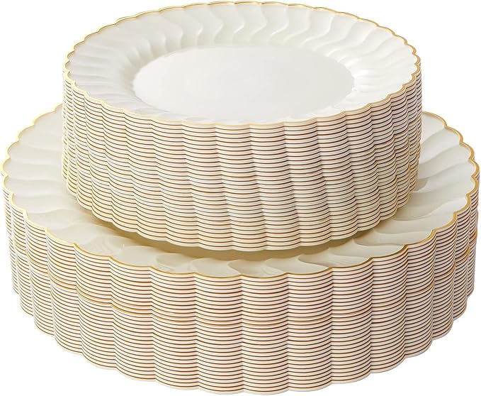 Lullaby 96PCS Ivory Scalloped Plastic Plates with Gold Rim, Disposable Elegant Plates Include 48pcs Dinner Plate 10.25", 48pcs Dessert Plate 7.5", Perfect for Daily Use, Wedding and Party