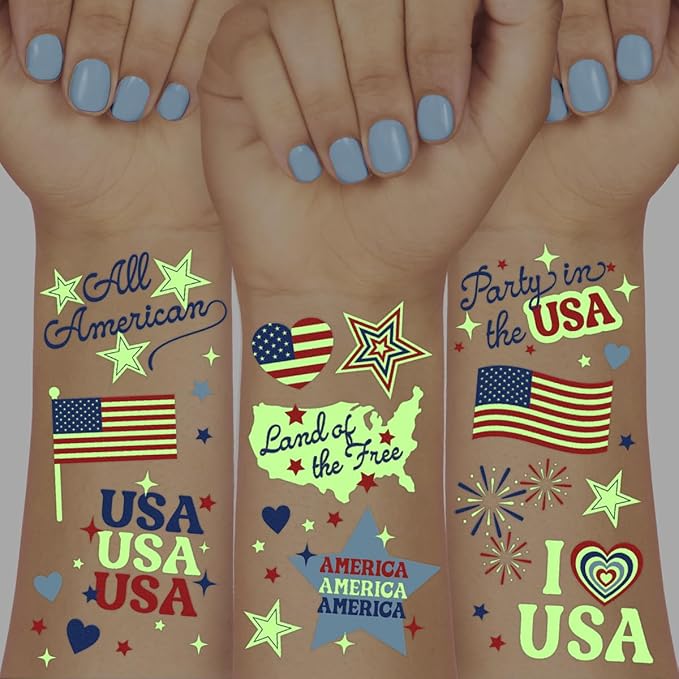 xo, Fetti Fourth of July Tattoos - 60 designs Glow in the Dark | Patriotic Party Decor, Red White Blue, USA Flag, Kids Birthday, American Independence Day, Temporary Tattoos