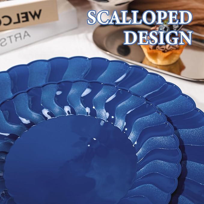Lullaby 60PCS Navy Blue Scalloped Plastic Plates, Disposable Elegant Party Plates Include 30pcs Dinner Plate 10.25", 30pcs Plastic Dessert Plate 7.5", Perfect for Wedding and Party
