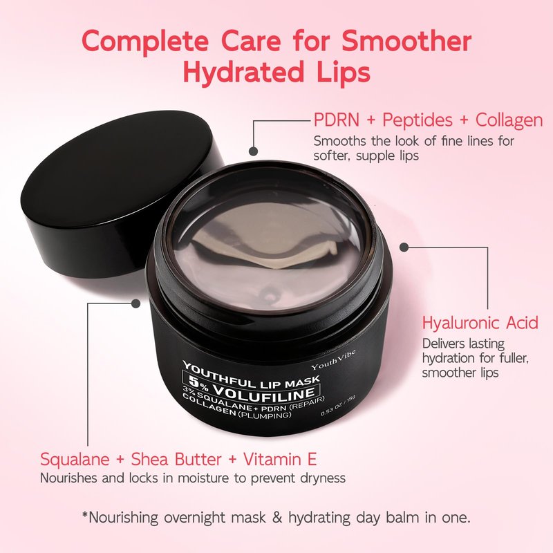 YouthVibe Lip Mask Overnight Moisturizing - Nourish & Hydrate, Antioxidants, 5% Volufiline, Vitamin E, Shea Butter, PDRN & Collagen Sleeping Lip Treatment for Dry, Chapped Lips