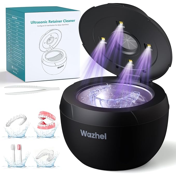 Ultrasonic Retainer Cleaner Machine, 45kHz Dental Cleaning Pod for Denture, Mouth Guard, Night Guard, Aligner, Braces, Toothbrush, 200ML Denture Cleaner with Digital Timer & 4 Modes, Black