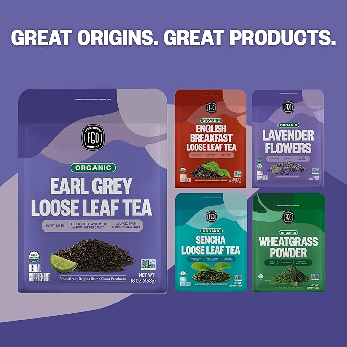 FGO Organic Earl Grey Black Tea, 16 Ounce Loose Leaf Bulk Resealable Bag, 16oz, Packaging May Vary (Pack of 1)