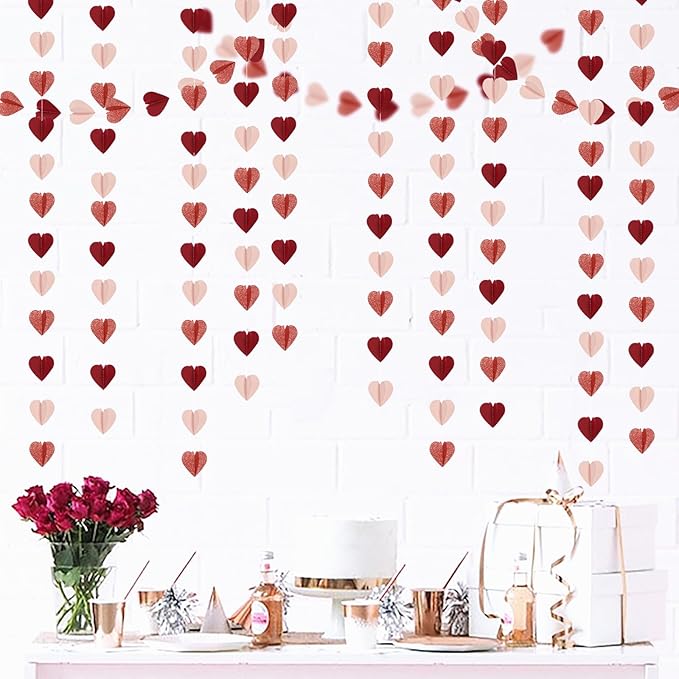 Rose-Gold Pink Burgundy-Red 3D-Heart Garland - 39Ft Galentines Valentines Day Party Decorations Hanging Paper Streamers Banner,Engagement Wedding Bachelorette Baby Bridal Shower Decor Ouruola