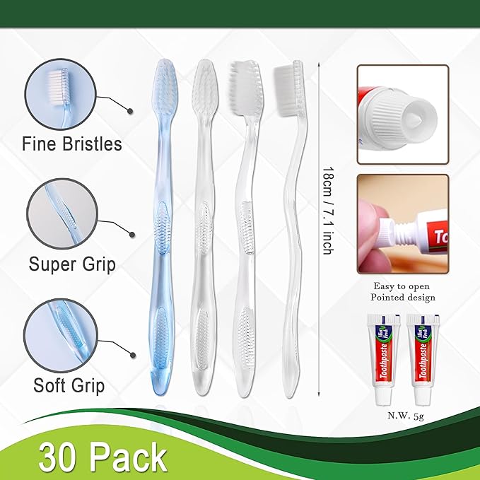 Disposable Toothbrushes with Toothpaste Individually Wrapped, Manual Disposable Travel Toothbrush Set for Adults Kids Travel Toiletries, 3 Colors, 30 Pack
