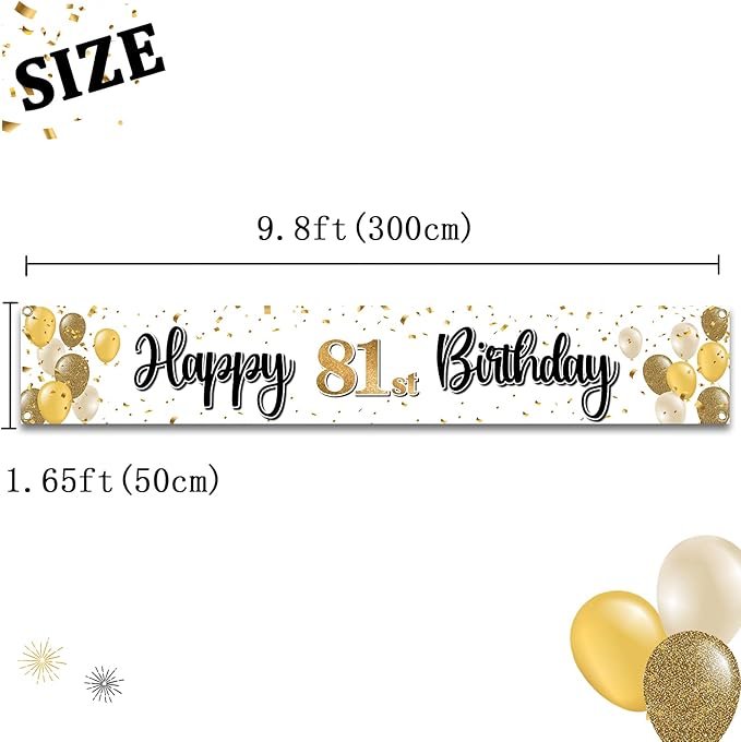 Happy 81st Birthday Decorations,81st Gold Balloon Large Birthday Hanging Banner Sign - Cheers to 81 Years Old Bday Party Supplies.
