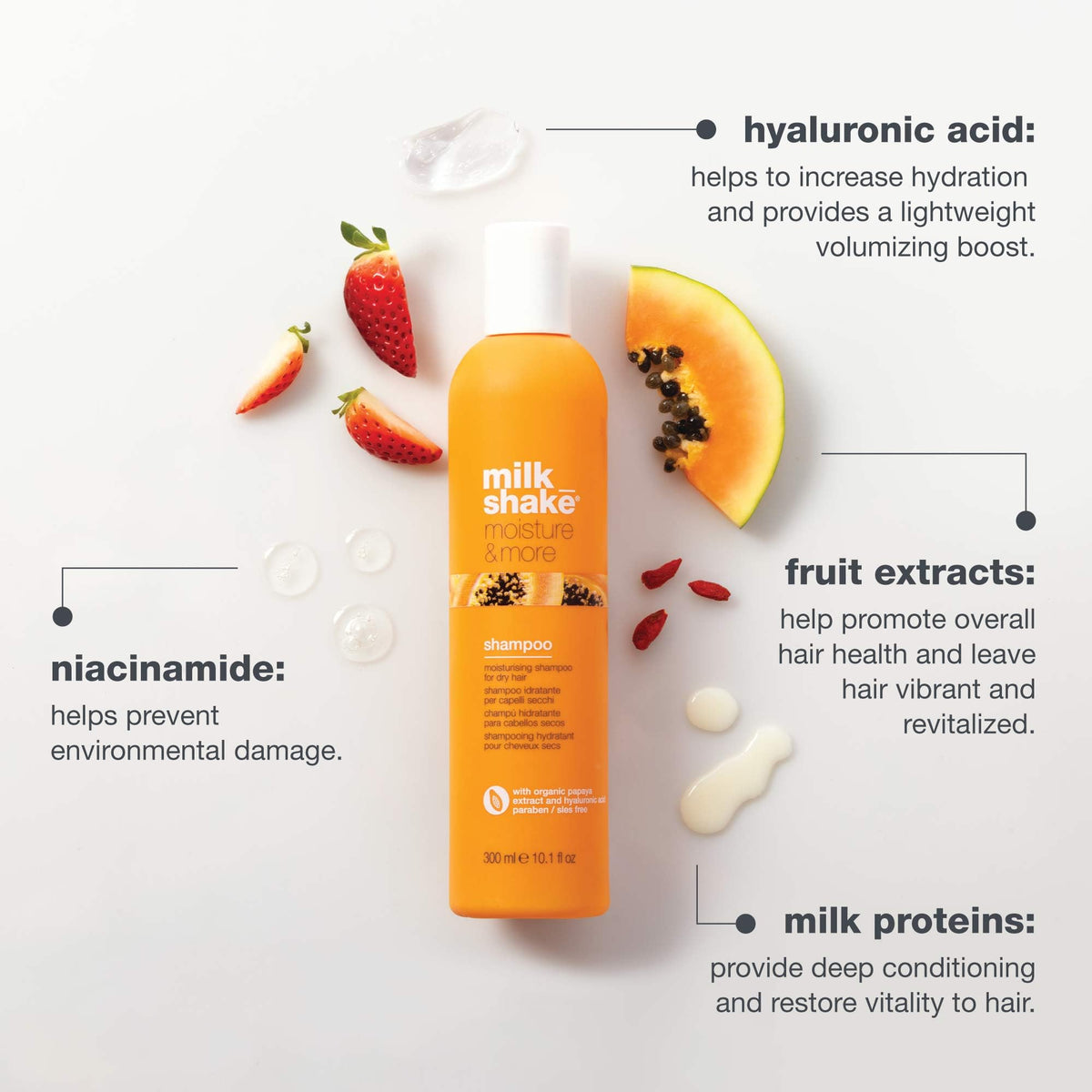 milk_shake moisture & more shampoo | daily hydration shampoo for smoother, healthier-looking hair | with milk proteins, fruit extracts & hyaluronic acid, 10.1 fl oz / 300 mL