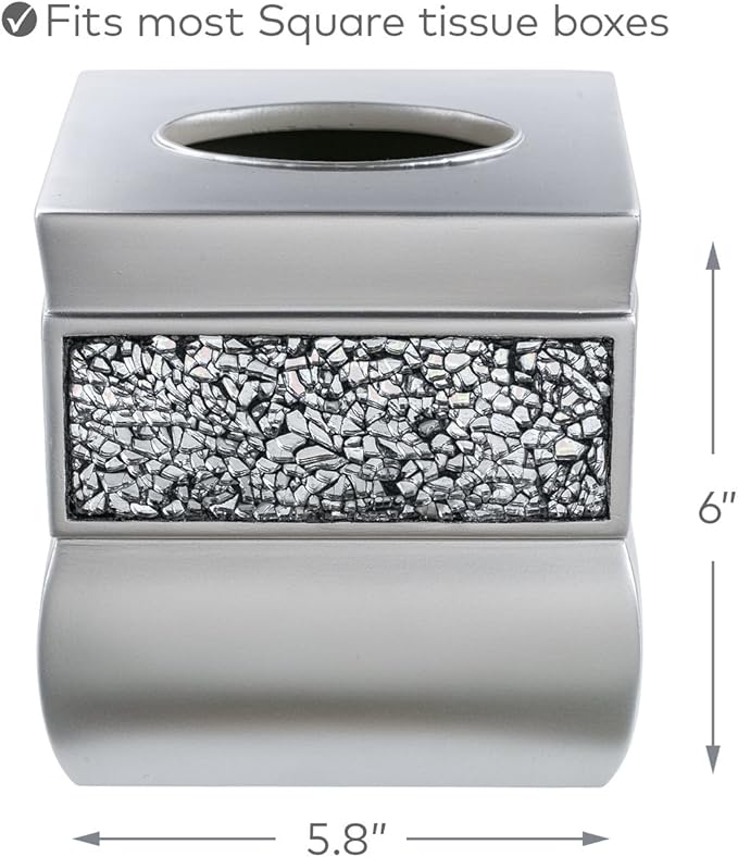 Crackled Glass Silver Tissue Box Cover Square - Decorative Tissue Box Holder - Tissue Holder Vessel for Bathroom with Durable Bottom Slider, Elegant Home or Bathroom Decor